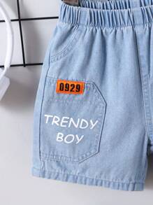 Summer,Holiday,TravelerYoung Boy's Casual Letter Print Denim Shorts, Summer - Blue - View 8