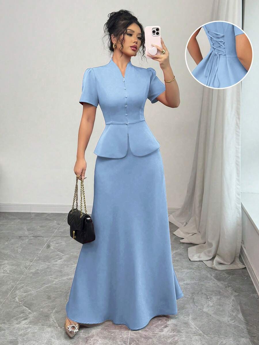 SHEIN Unity 2 件套女士后系带中式单排扣上衣和 A 字纯色裙子套装 - 藍色 - 查看 1