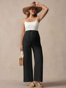 SHEIN Maternity Adjustable Waistband Loose Wide Leg Pants, Solid Color - Black - View 6