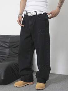 Manfinity Homme Men's Letter Embroidered Pocket Wide Leg Loose Black Jeans - Black - View 7