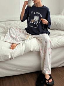 DAZY Cartoon Print Loose 2pcs Pajama Set For Women - Navy Blue - View 6