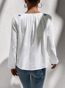 SHEIN LUNE Damen Rundhals geraffter Knopf Halbgeöffneter Laternenkrempel Stickerei Baumwolle Lässig Urlaubs Elegante Bluse