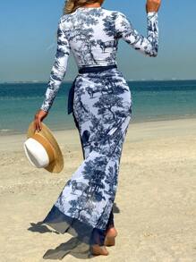 Swim Mulvari Conjunto de burkini de 3 piezas con estampado de palacio en azul y blanco para mujer, que incluye top de manga larga, pantalones y cremallera frontal, elegante y casual para vacaciones y fiestas en la playa