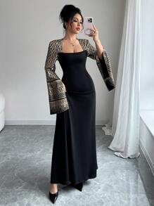 Chiquease Women Elegant Gold Foil Contrast Color A-Line Dress Fall Cloth For Women - Black - View 1