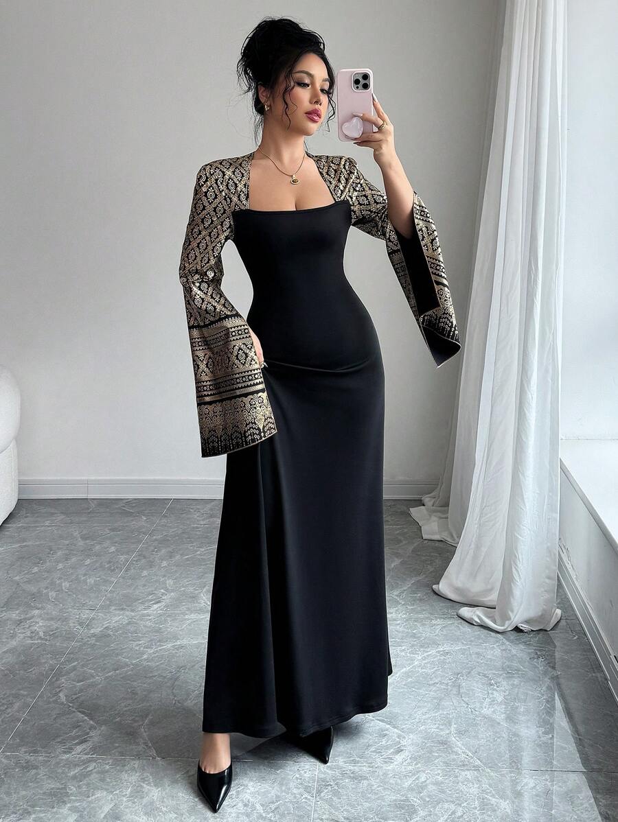 Chiquease Women Elegant Gold Foil Contrast Color A-Line Dress Fall Cloth For Women - Black - View 1