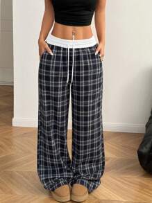 Coolane Women's Summer Streetwear Going Out Casual Loose Checked Wide Leg Pants