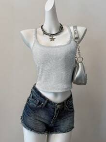 SHEIN EZwear 1 件女士灰色针织对比蕾丝吊带背心 - 灰色 - 查看 4