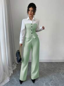 Elenzga 2pcs/Set Women Casual/Office Elegant Patchwork Contrast Button Long Sleeve Top - Green - View 4