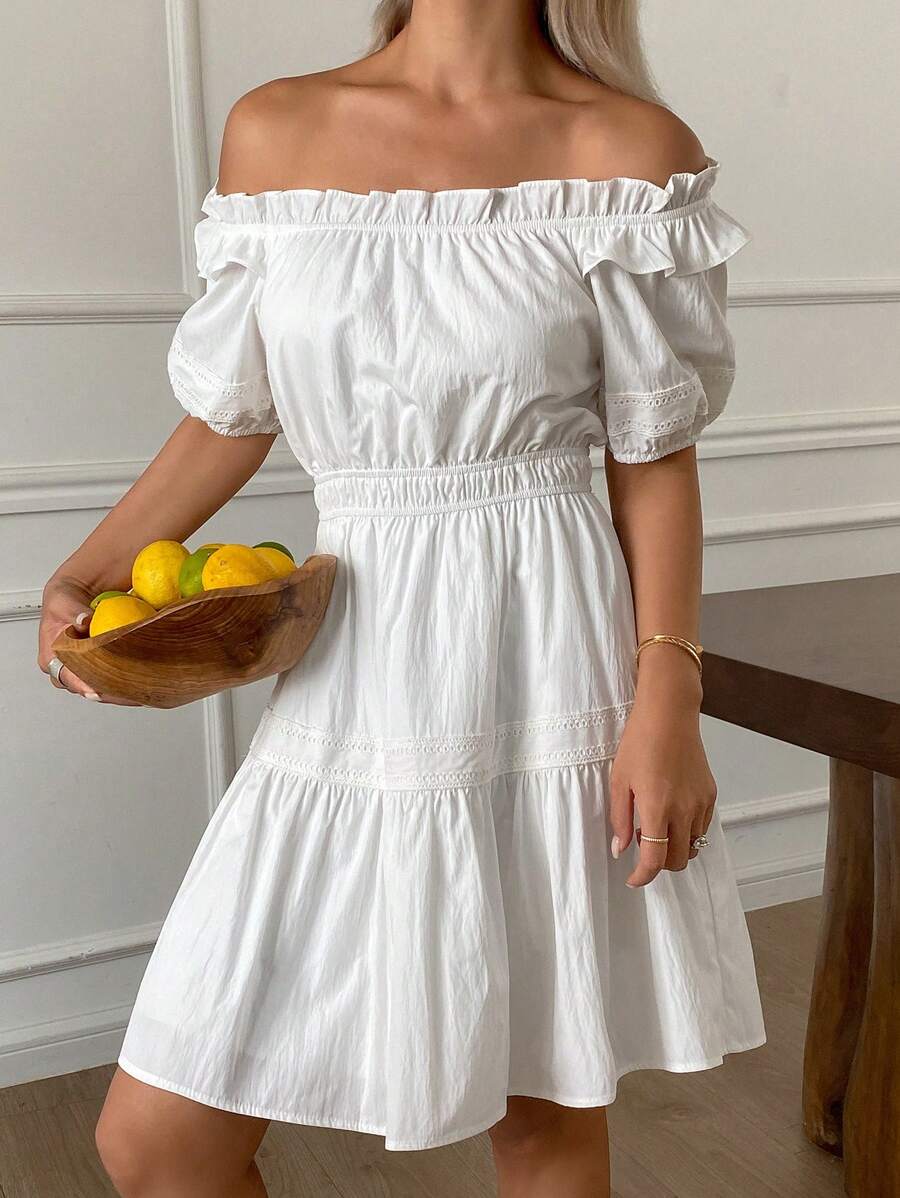 Livesso Lato Nowość Jednolity Kolor Biznesowy Casual Plaża Wakacje Szorty Mini Sukienka Dla Kobiet, Falbana - Biały - Zobacz 1