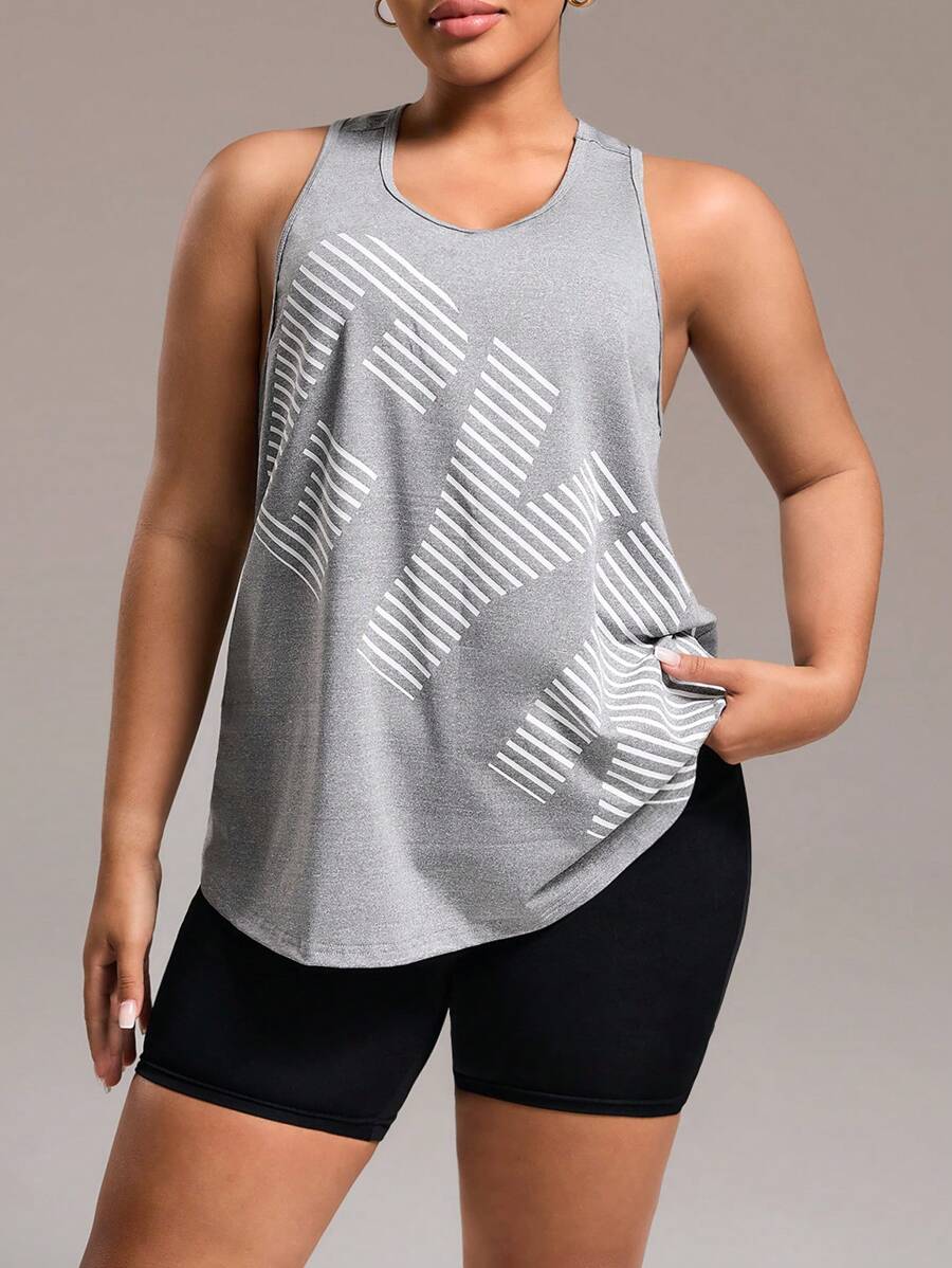 SHEIN Rhythm Era Plus Size Casual Letter Print Sports Tank Top - Light Grey - View 1