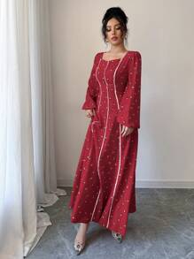 Al Najma Women's Elegant Ditsy Floral Print Lantern Sleeve Kaftan Style Dress, Modest - Burgundy - View 6