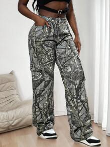 Slaydiva Celana Jeans Kargo Wanita Model Lurus dengan Motif Ranting - MultiWarna - View 6