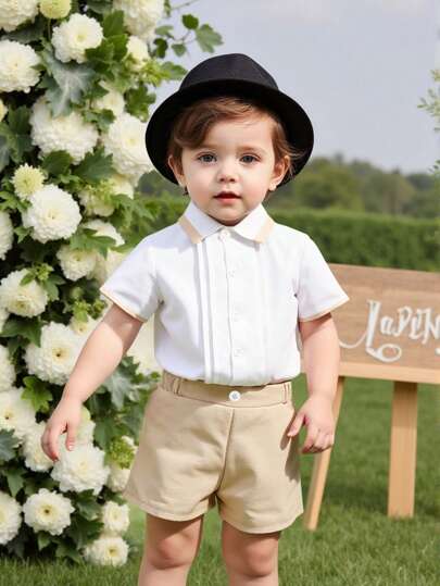 Souflis Souflis 男婴绅士套装两件套：白色短袖衬衫，卡其色撞色领口和袖口，胸前饰有3颗白色纽扣和褶裥细节，搭配简约卡其色短裤。男婴服装，正式场合，适合男婴派对、婚礼等场合。