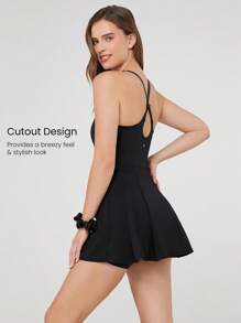 GLOWMODE Quick-Dry Sweat-Wicking Built-In Cups Square-Neck Dress With Built-In Shorts Side Pockets Non-Slip Grips Tennis Golf Gym Daily Casual - Black - View 4