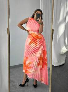 Firerie 优雅渐变色花卉印花不对称褶皱腰镂空无袖中长连衣裙，适合派对和度假，春夏季 - 橘色 - 查看 2