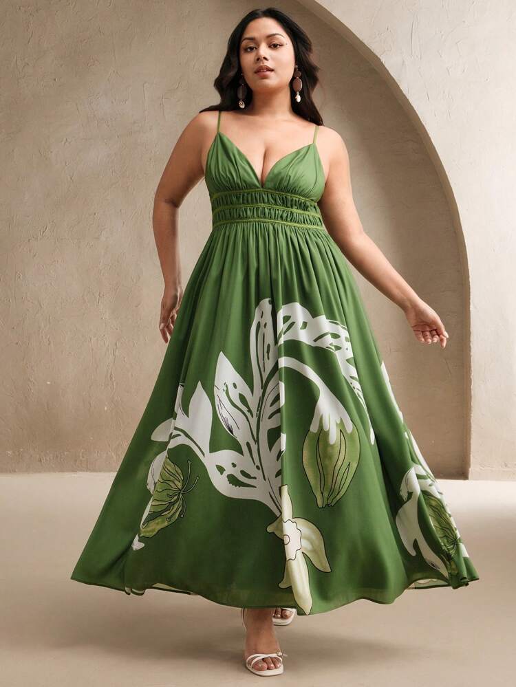 Plus Size Floral Print V-Neck Cinched Waist Cami Dress, Elegant Vacation Casual Outfits, Spring Summer Clothes For Women