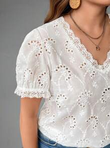 SHEIN LUNE 女士大码休闲纯色镂空刺绣泡泡袖衬衫夏季女装女士服装度假可爱夏季上衣夏季上衣