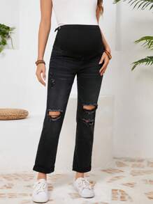 SHEIN Jeans in denim con gamba affusolata e effetto vissuto per gravidanza, casual