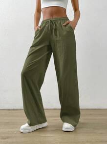 SHEIN EZwear Pantalones holgados de algodón y lino de albaricoque con cintura con cordón y bolsillos en diagonal