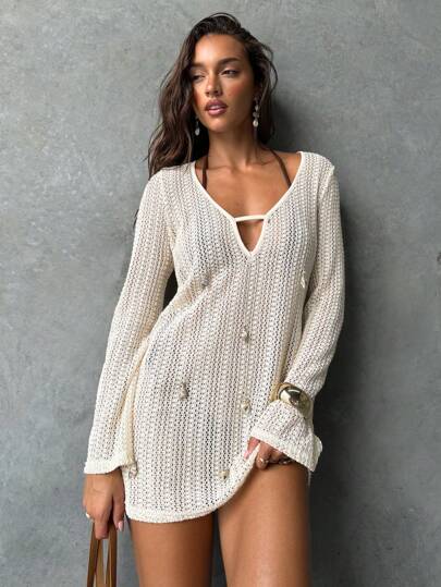 Aloruh Traje de baño de color melocotón con escote profundo en V y decoración de concha metálica, con minivestido de manga de campana, adecuado para ropa de playa de primavera/verano para mujeres