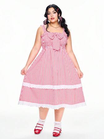 J-Fashion Abito in stile vacanza, con patchwork a quadretti, balze e senza maniche, per taglie curvy