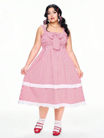 J-Fashion Abito in stile vacanza, con patchwork a quadretti, balze e senza maniche, per taglie curvy