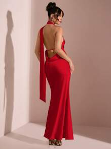 SHEIN BAE Váy dài bằng vải satin hở lưng cổ sâu màu trơn cho nữ, váy phù dâu, váy satin, váy gợi cảm, xuân/hè - Đỏ - Xem 6