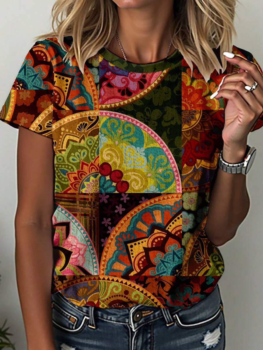 EMERY ROSE Women's Casual Knitted Round Neck Short Sleeve T-Shirt With Multicolor Bohemian Mandala Print Suitable For Going Out,Casual - Multicolor - View 1