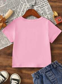 SHEIN Playful Pals Baby Girl Minimalist Fashion Letter & Heart Print Short Sleeve Top, Summer - Pink - View 2