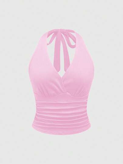 Grunge Punk Women's Backless Halter Neck Pink Tank Top, Sexy Solid Color Summer