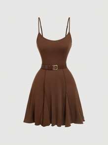 SHEIN MOD Women's Brown Sleeveless Knit Mini Dress, Suitable For Music Festivals,Graduation Dresses - Mocha Brown - View 1