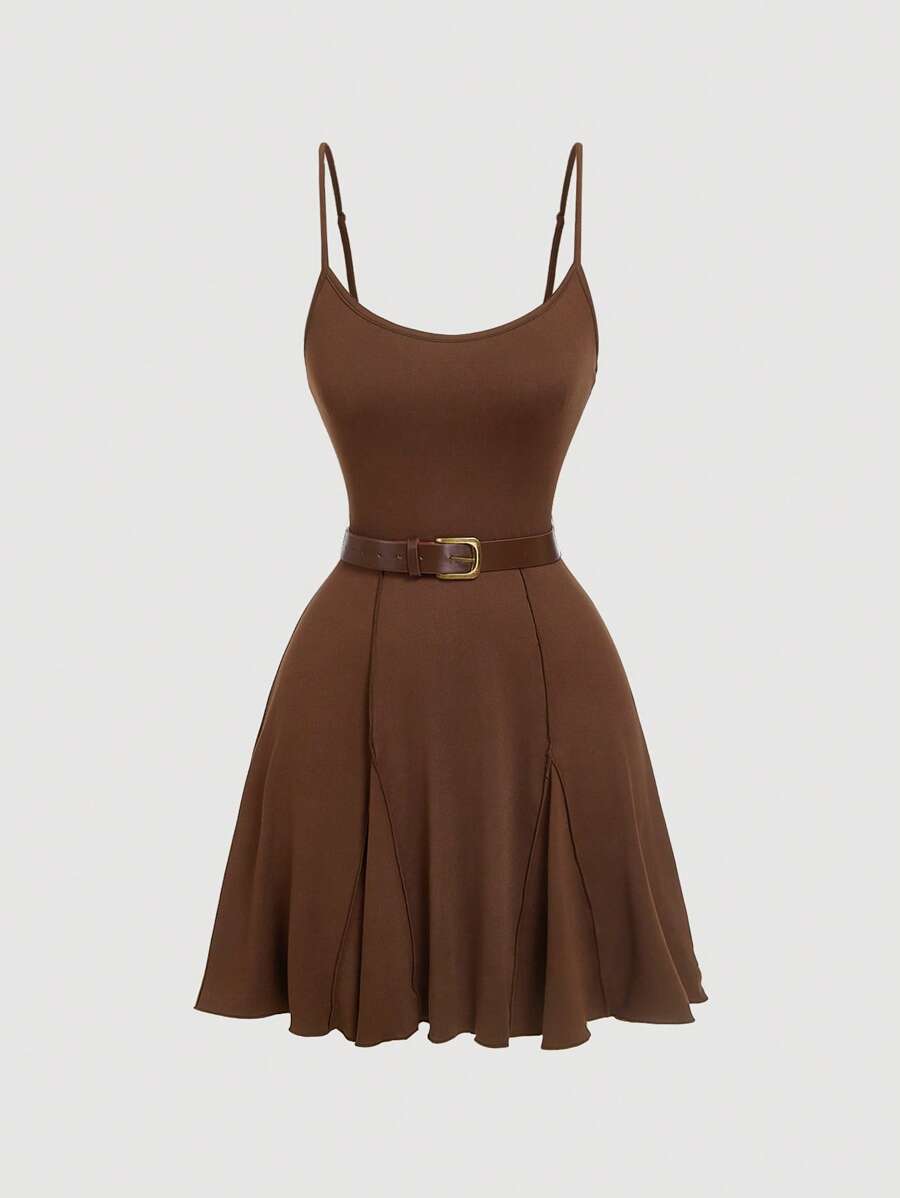 SHEIN MOD Women's Brown Sleeveless Knit Mini Dress, Suitable For Music Festivals,Graduation Dresses - Mocha Brown - View 1