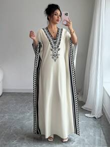 Rafferiza 女士优雅深 V 领印花落肩短袖宽松长裙