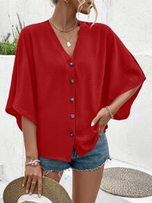 Breezaya Áo sơ mi nữ cổ chữ V tay cánh dơi - Đỏ - Xem 3