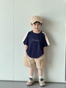 SHEIN 2 Stücke/Set Lässiger, vielseitiger Strickanzug für Jungen, Patchwork Farbblock Set aus Rundhalspullover mit kurzen Ärmeln und Shorts, geeignet für Frühling & Sommer Alltag, Sport, Ausflüge, Schule, Party, Urlaub, Fotoshooting - marineblau - Übersicht 4