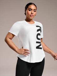 Easithlete Plus Size Letter Print Short Sleeve Sport T-Shirt - White - View 5
