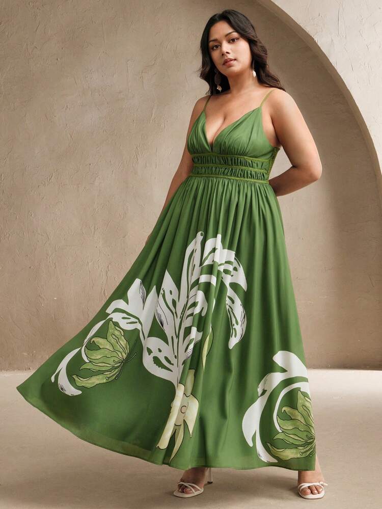 Plus Size Floral Print V-Neck Cinched Waist Cami Dress, Elegant Vacation Casual Outfits, Spring Summer Clothes For Women