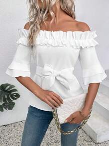 LUMIGAL White Off Shoulder Ruffle Hem Casual Blouse For Women - White - View 7