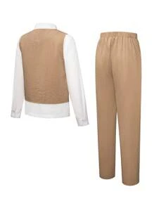 SHEIN Bộ 3 bộ vest công sở ôm vừa vặn phong cách Hàn Quốc cho bé trai tuổi mới lớn, bộ vest Pageboy dự tiệc cưới, trang phục quý ông dẫn chương trình hòa nhạc piano. Bao gồm áo vest ôm vừa vặn, quần ống đứng thường ngày, nơ có thể tháo rời - Màu Khaki - Xem 2
