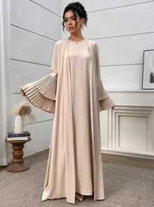 Yasmyna 2pcs Women Elegant Solid Pleated Flare Sleeve Dress & Jacket Set Pleated Dresses For Women - Apricot - View 2