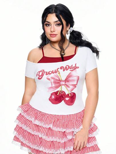 Kawaii Camiseta de manga corta con estampado de cerezas y hombros en contraste, top de verano lindo, talla grande