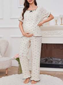Rose Ditsy Floral Ruffle Hem Bubble Crinkle Romantic Maternity Pajama Set - Apricot - View 4