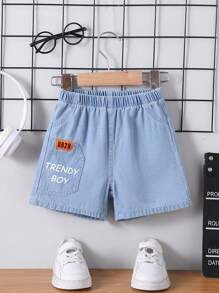 Summer,Holiday,TravelerYoung Boy's Casual Letter Print Denim Shorts, Summer - Blue - View 6