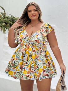 SHEIN CURVE+ 大码女式节日彩色印花面料蝙蝠袖蝴蝶结前 A 字衬衫，休闲浪漫夏日度假衬衫