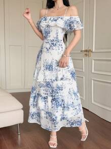 DAZY Vestido de mujer elegante con estampado floral, volantes y dobladillo con volantes, ropa de vuelta al colegio