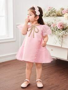 Baby Girls Elegant & Cute Pink Satin Summer Short Sleeve Dress - Pink - View 5