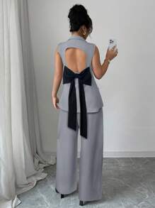 Elenzga Elegant Commuter Ladies Set: Regular Shoulder Waist Cinched Contrast Bow Splice Faux Pocket Back Hollow Wide Leg Pants & Sleeveless Jacket Suit - Grey - View 2