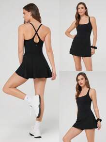 GLOWMODE Quick-Dry Sweat-Wicking Built-In Cups Square-Neck Dress With Built-In Shorts Side Pockets Non-Slip Grips Tennis Golf Gym Daily Casual - Black - View 10