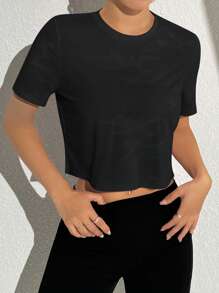 Easithlete 网眼休闲舒适运动T恤，纯色简约风格，适合夏季健身女衬衫 - 黑色 - 查看 2