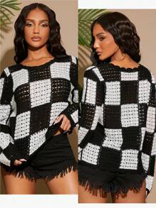 SHEIN SXY Áo len cổ tròn hở vai gợi cảm họa tiết ô vuông đen trắng tương phản - Đen và trắng - Xem 4